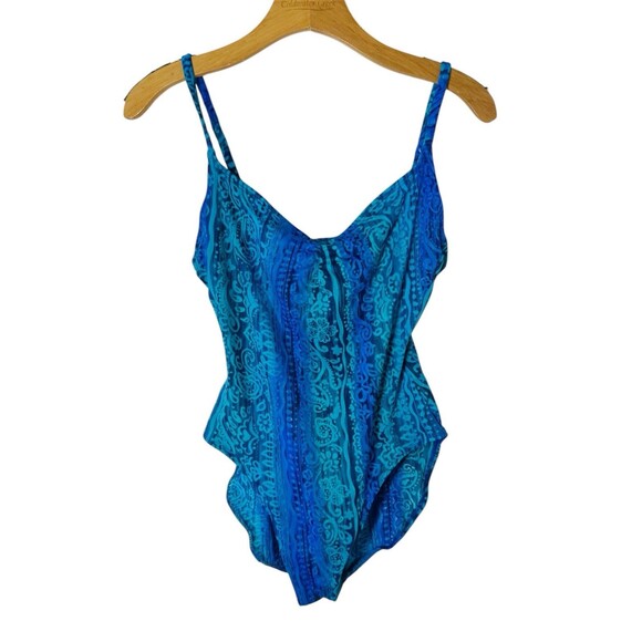 Vintage Kathy Ireland Turquoise One Piece Swim Suit SZ L 12 Royal Blue Paisley - Picture 1 of 4